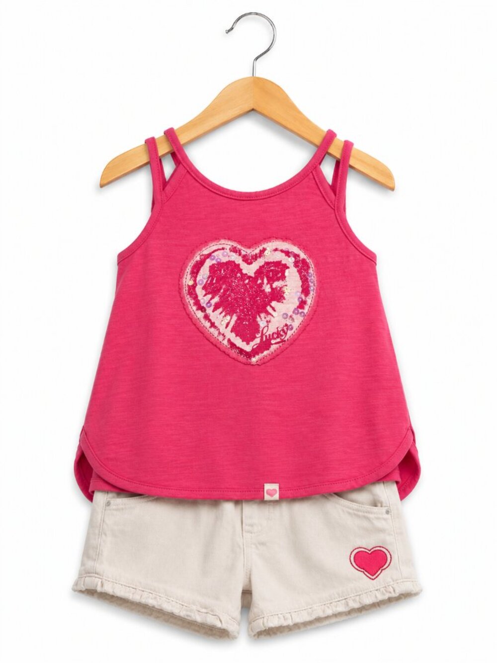 Lucky Brand Kids Pink Sequin Heart Tank Top and White Heart Shorts Set‎ 12M